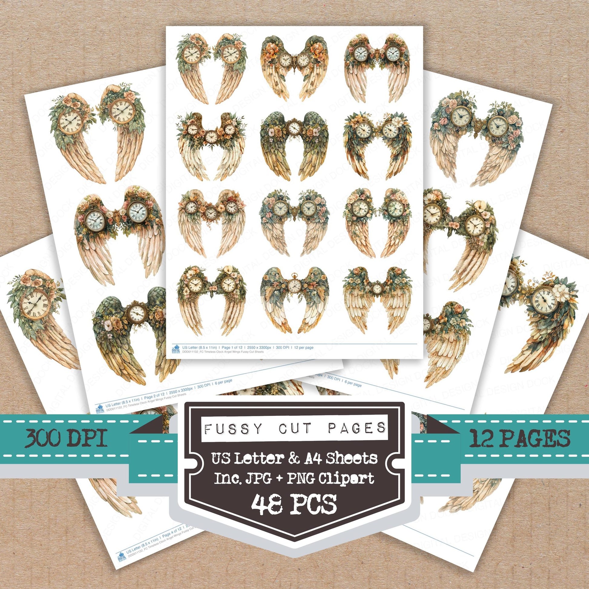 Timeless Clock Angel Wings fussy cut printable sheets for junk journaling, scrapbooking, and paper craft projects