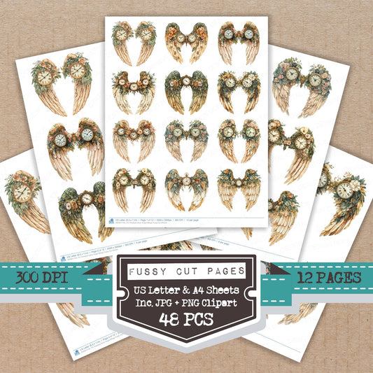 Timeless Clock Angel Wings fussy cut printable sheets for junk journaling, scrapbooking, and paper craft projects