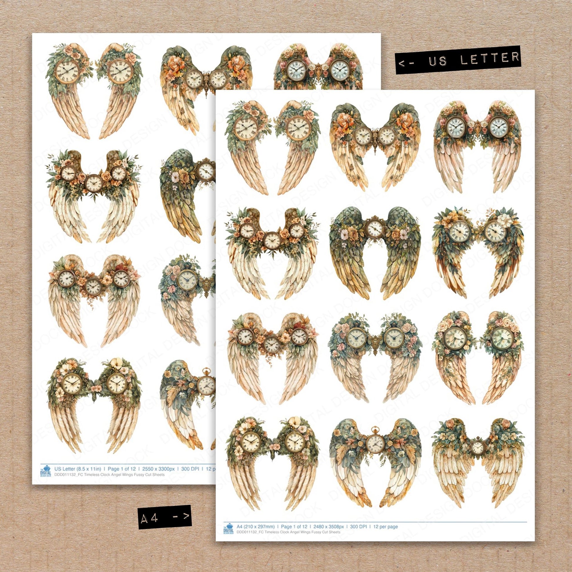 A4 and US Letter format comparison showing Timeless Clock Angel Wings fussy cut pages for print and cut crafting