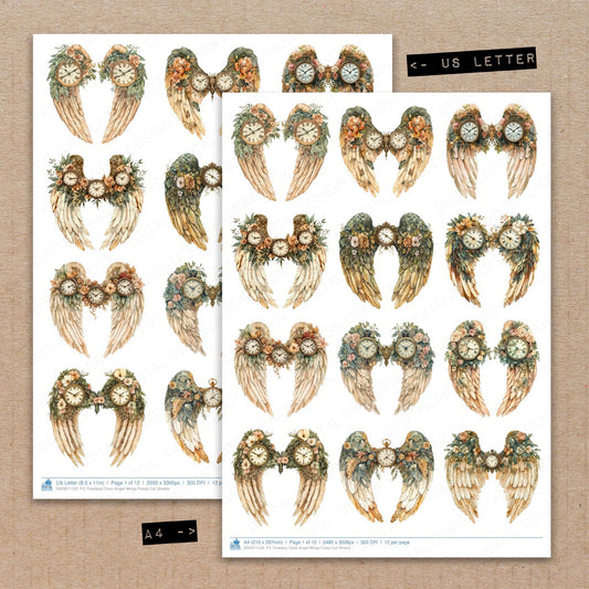 A4 and US Letter format comparison showing Timeless Clock Angel Wings fussy cut pages for print and cut crafting