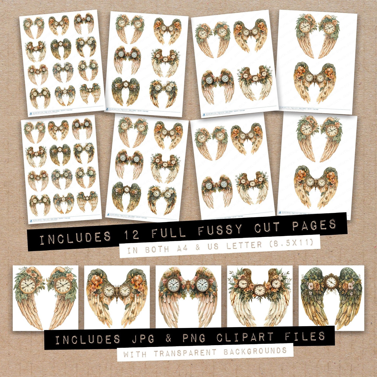 Full collection view of Timeless Clock Angel Wings fussy cut sheets with bonus clipart JPG and PNG files