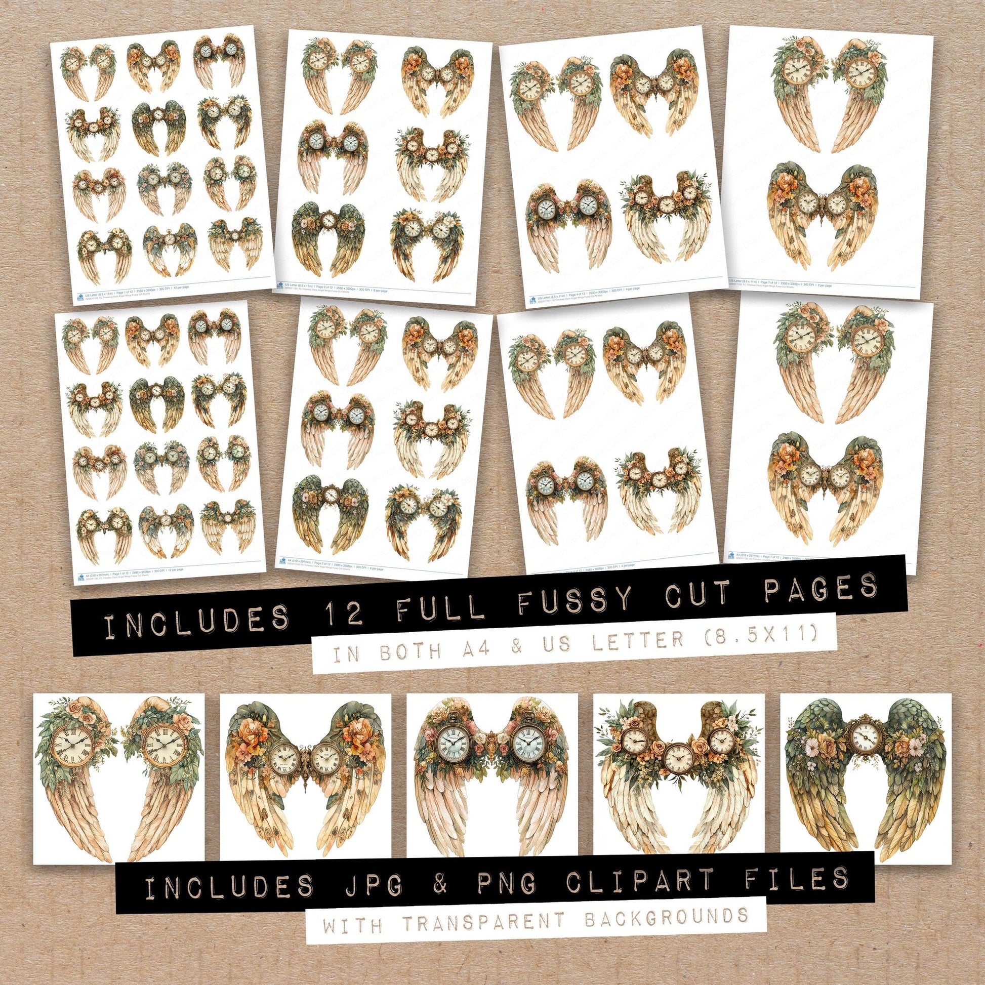 Full collection view of Timeless Clock Angel Wings fussy cut sheets with bonus clipart JPG and PNG files