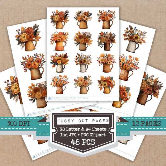 Tin Jug Autumn Bouquet fussy cut printable sheets for junk journaling, scrapbooking, and paper craft projects