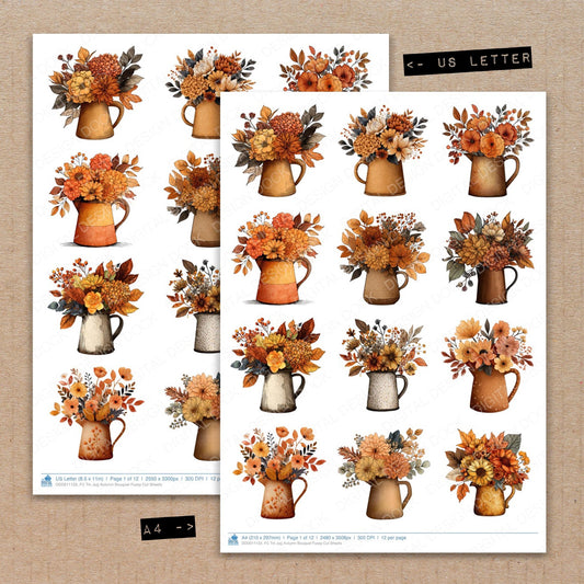 A4 and US Letter format comparison showing Tin Jug Autumn Bouquet fussy cut pages for print and cut crafting
