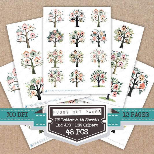 Tiny Bird Houses in Tree fussy cut printable sheets for junk journaling, scrapbooking, and paper craft projects