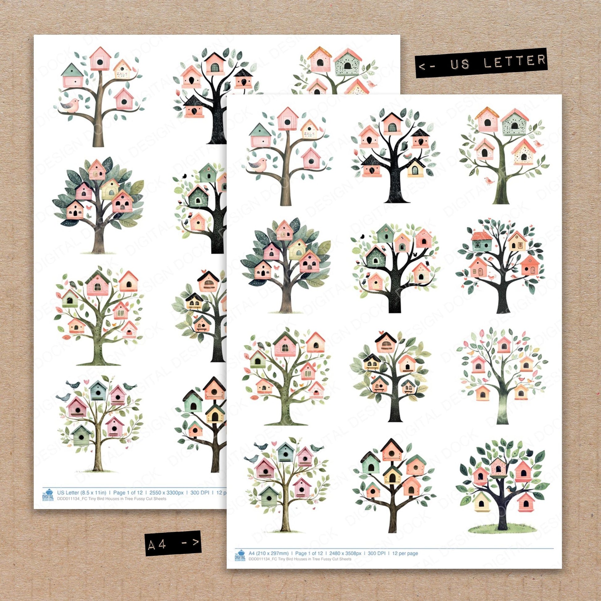 A4 and US Letter format comparison showing Tiny Bird Houses in Tree fussy cut pages for print and cut crafting