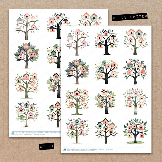 A4 and US Letter format comparison showing Tiny Bird Houses in Tree fussy cut pages for print and cut crafting