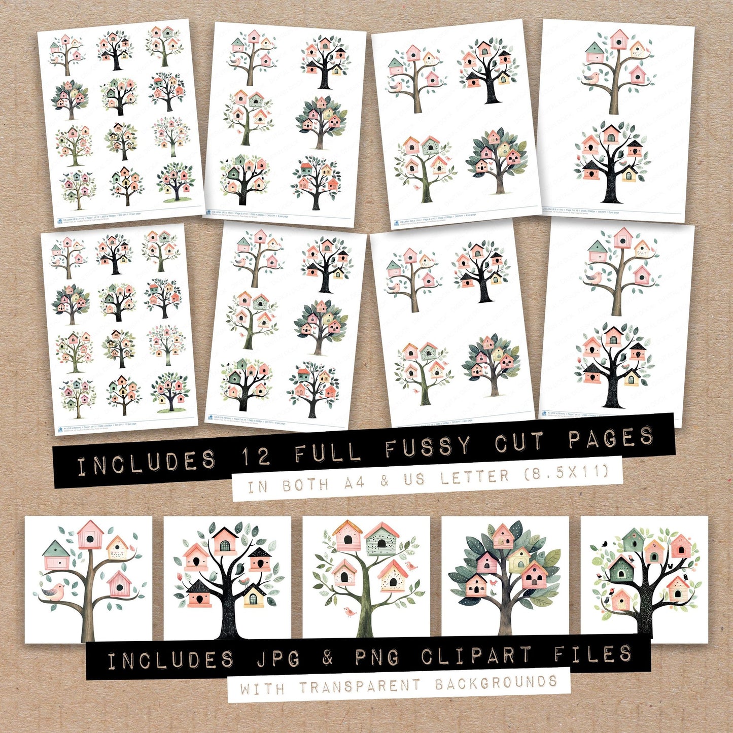 Full collection view of Tiny Bird Houses in Tree fussy cut sheets with bonus clipart JPG and PNG files