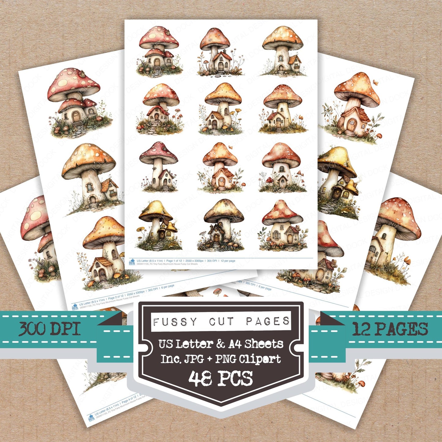 Tiny Fairy Mushroom House fussy cut printable sheets for junk journaling, scrapbooking, and paper craft projects