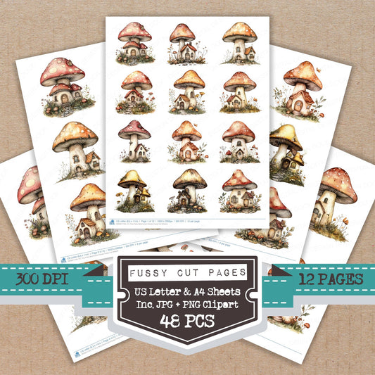 Tiny Fairy Mushroom House fussy cut printable sheets for junk journaling, scrapbooking, and paper craft projects
