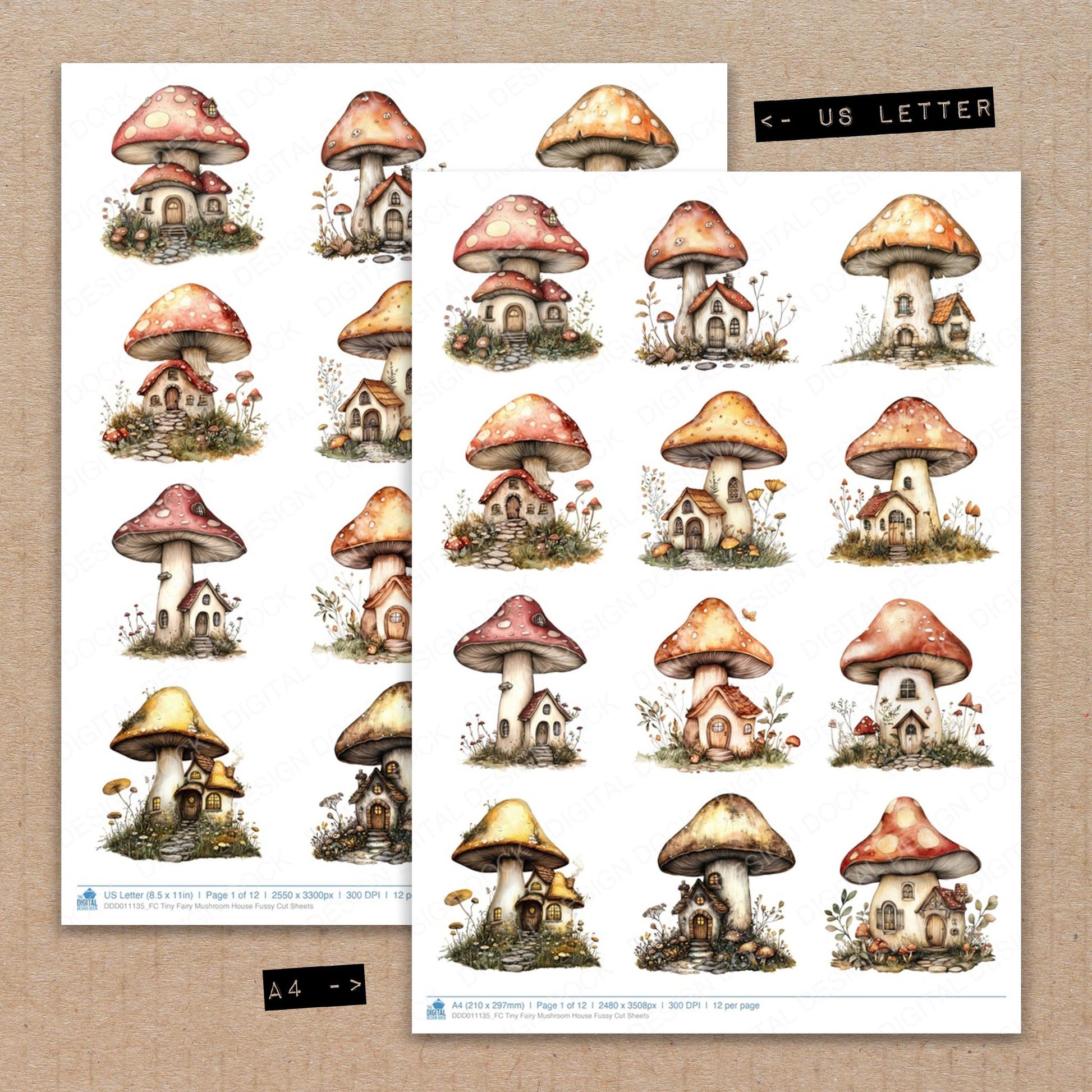 A4 and US Letter format comparison showing Tiny Fairy Mushroom House fussy cut pages for print and cut crafting
