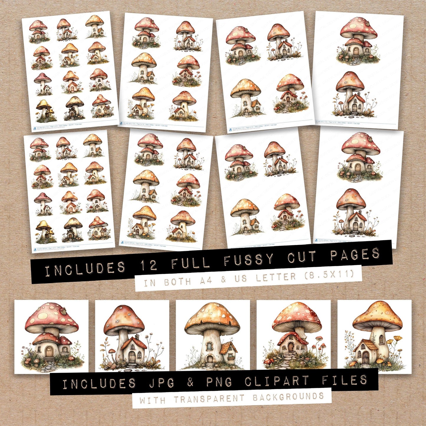 Full collection view of Tiny Fairy Mushroom House fussy cut sheets with bonus clipart JPG and PNG files