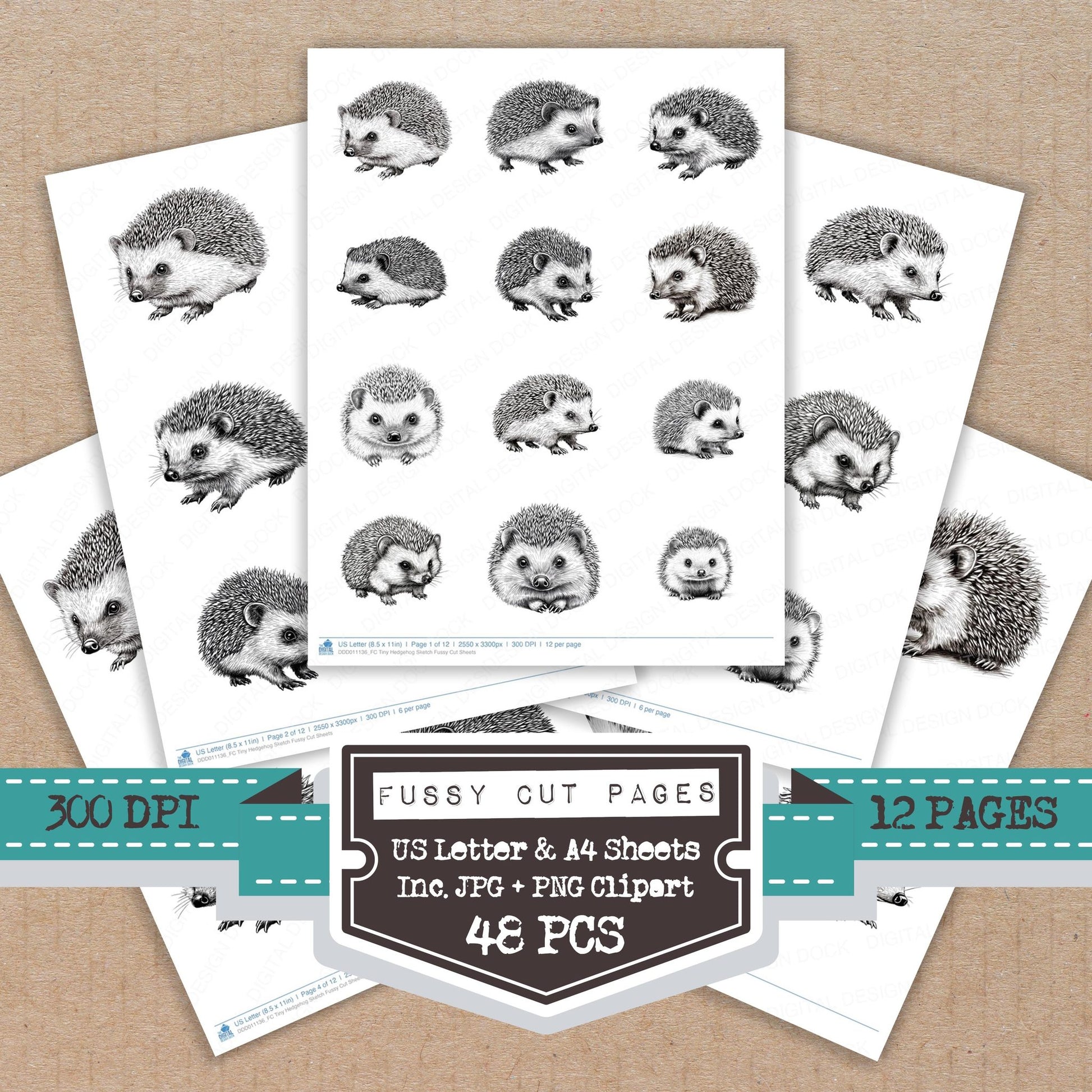 Tiny Hedgehog Sketch fussy cut printable sheets for junk journaling, scrapbooking, and paper craft projects