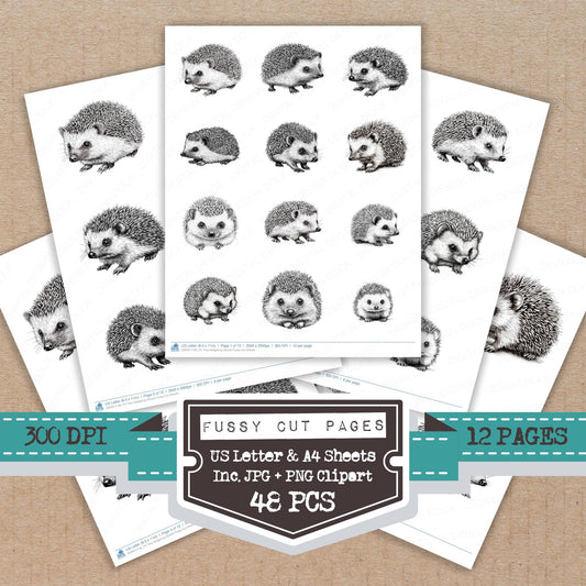 Tiny Hedgehog Sketch fussy cut printable sheets for junk journaling, scrapbooking, and paper craft projects