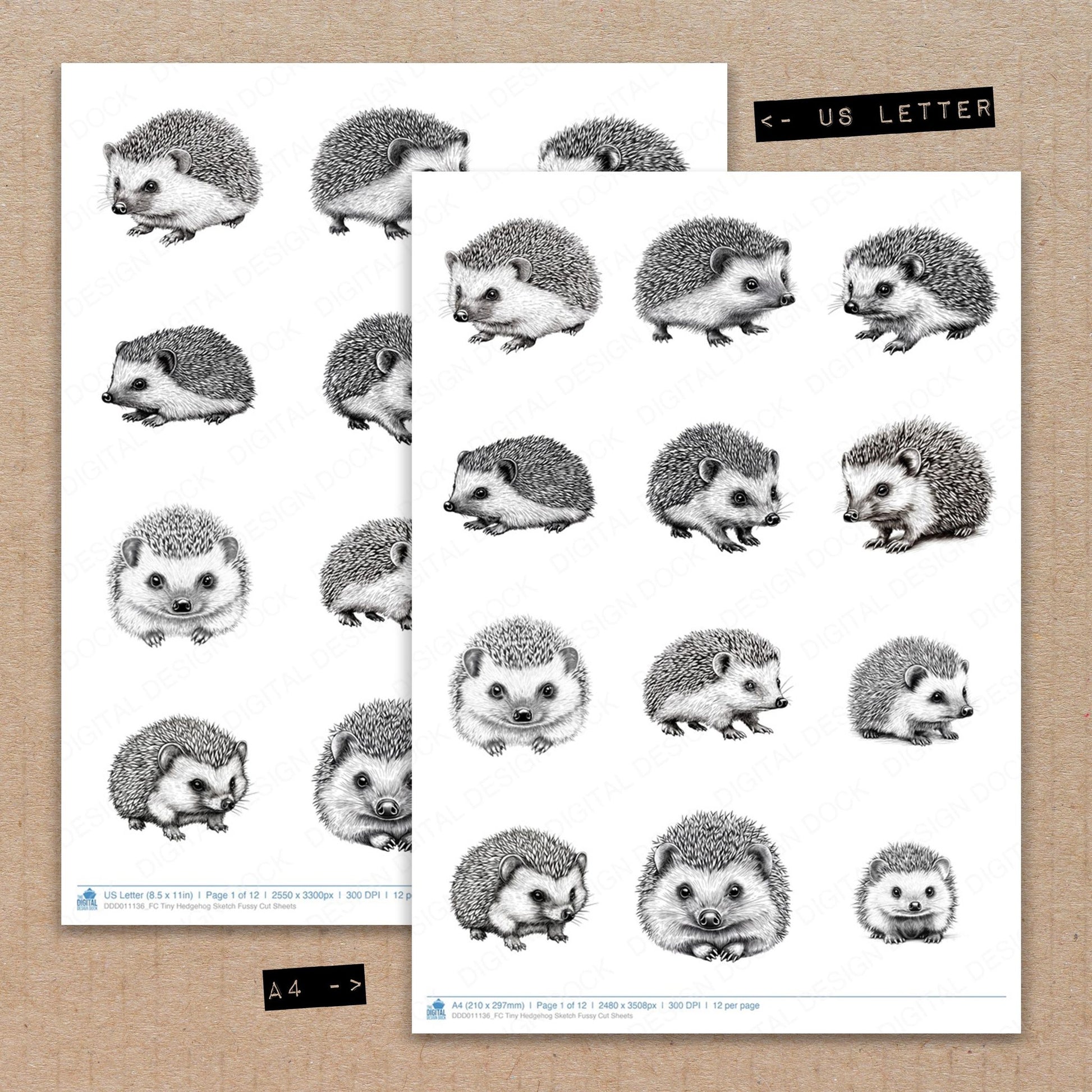 A4 and US Letter format comparison showing Tiny Hedgehog Sketch fussy cut pages for print and cut crafting