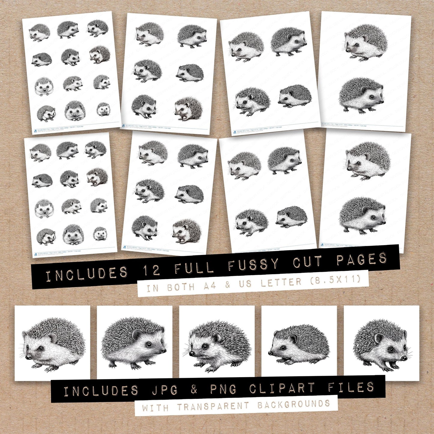 Full collection view of Tiny Hedgehog Sketch fussy cut sheets with bonus clipart JPG and PNG files
