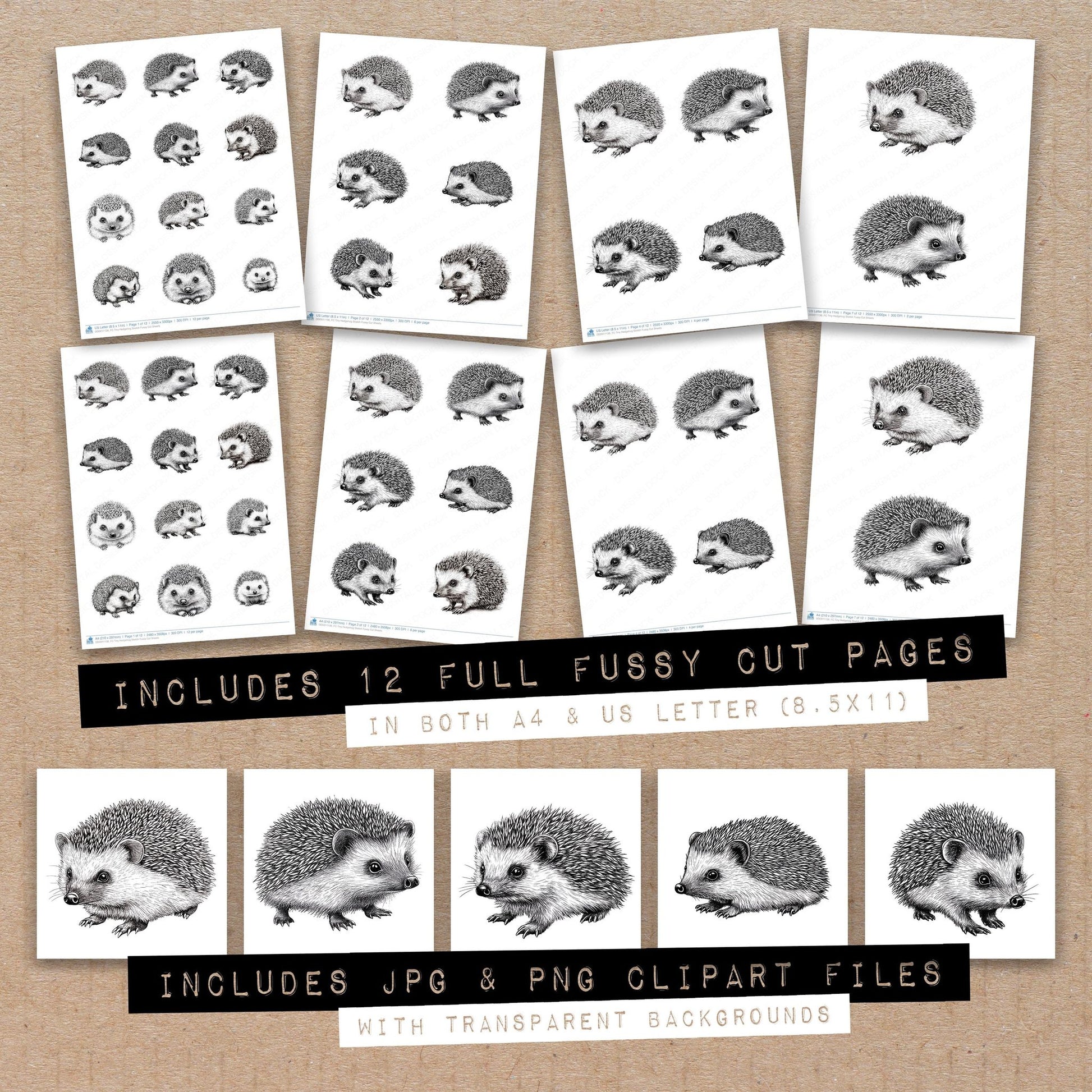 Full collection view of Tiny Hedgehog Sketch fussy cut sheets with bonus clipart JPG and PNG files