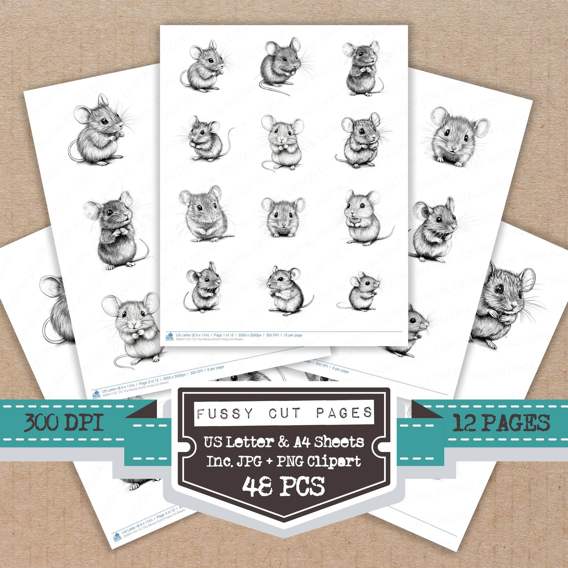 Tiny Mouse Sketch fussy cut printable sheets for junk journaling, scrapbooking, and paper craft projects