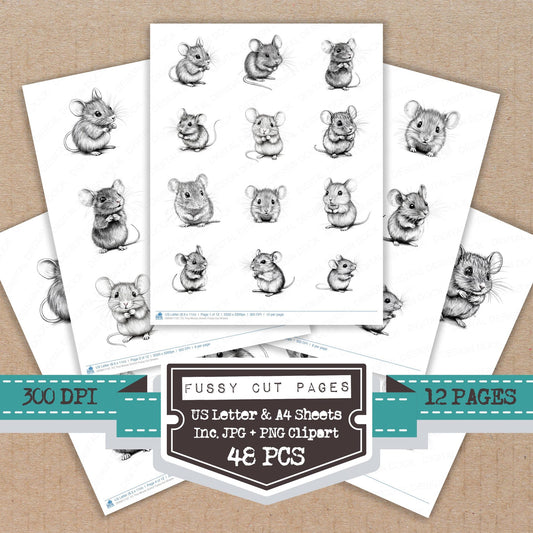 Tiny Mouse Sketch fussy cut printable sheets for junk journaling, scrapbooking, and paper craft projects