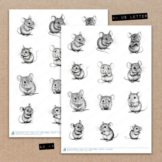 A4 and US Letter format comparison showing Tiny Mouse Sketch fussy cut pages for print and cut crafting