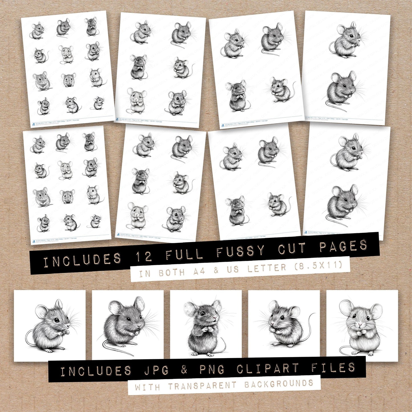 Full collection view of Tiny Mouse Sketch fussy cut sheets with bonus clipart JPG and PNG files