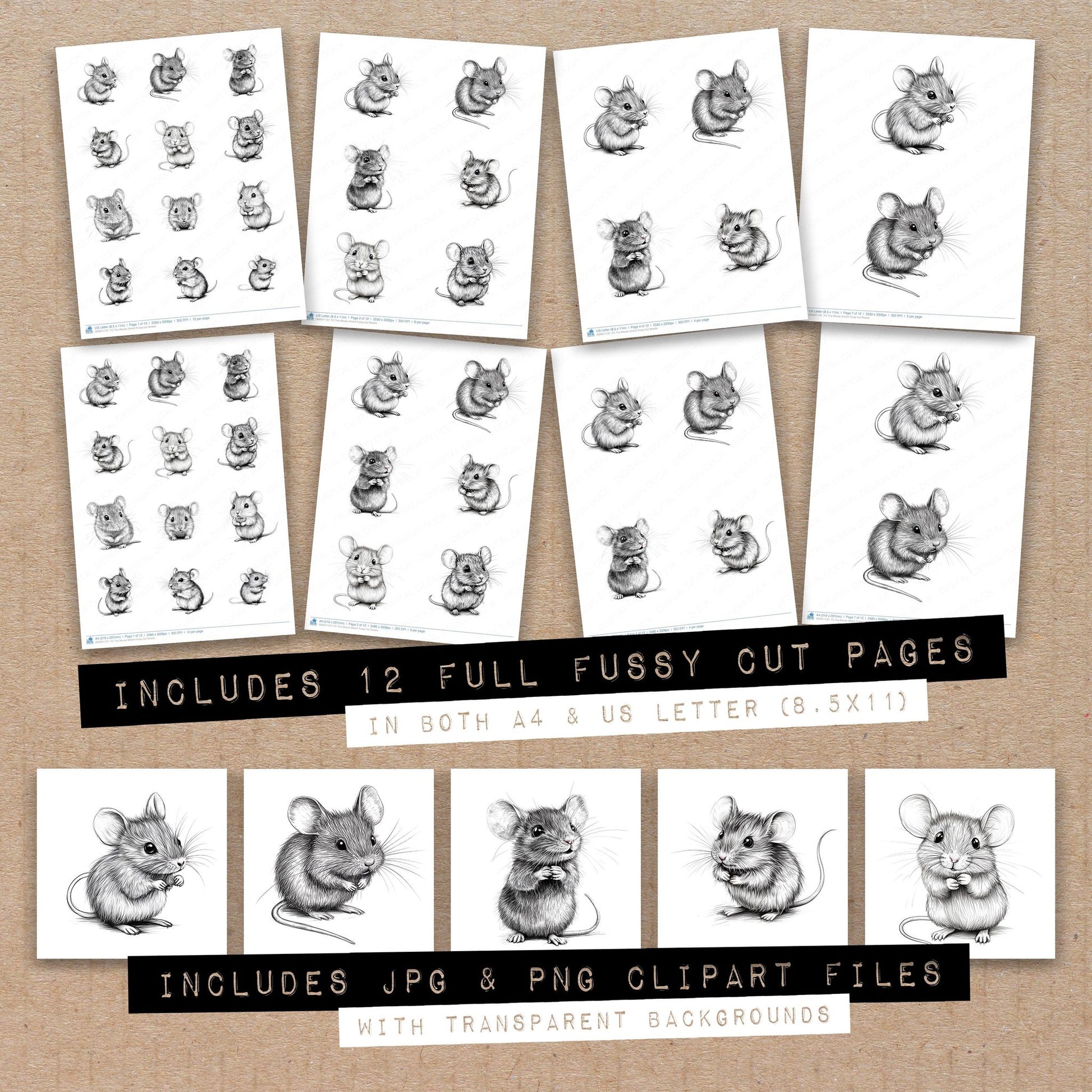 Full collection view of Tiny Mouse Sketch fussy cut sheets with bonus clipart JPG and PNG files