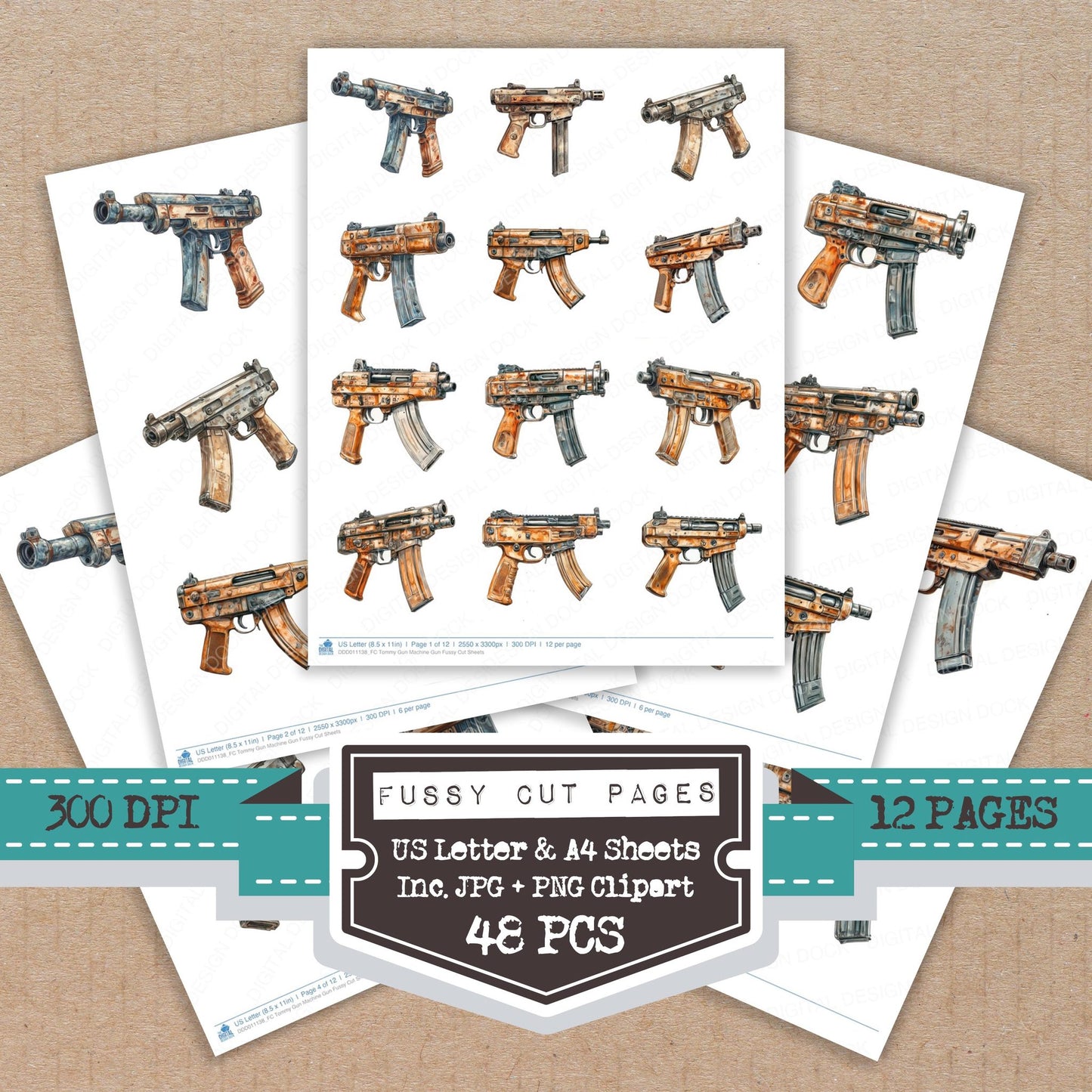 Tommy Gun Machine Gun fussy cut printable sheets for junk journaling, scrapbooking, and paper craft projects