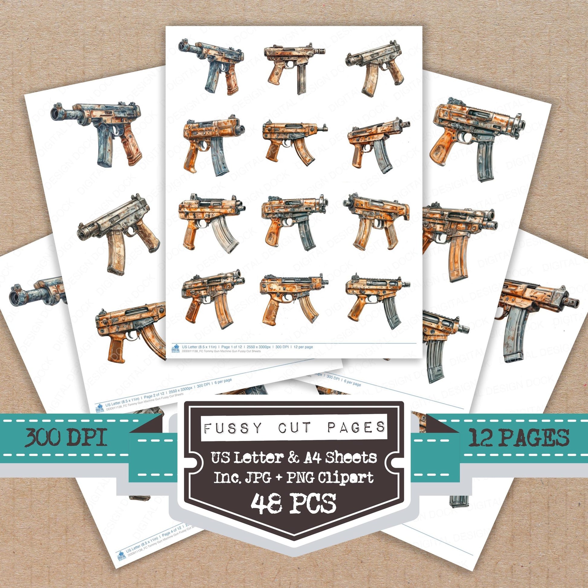 Tommy Gun Machine Gun fussy cut printable sheets for junk journaling, scrapbooking, and paper craft projects