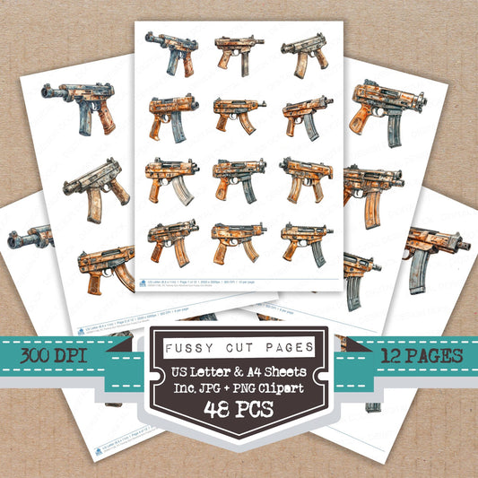 Tommy Gun Machine Gun fussy cut printable sheets for junk journaling, scrapbooking, and paper craft projects