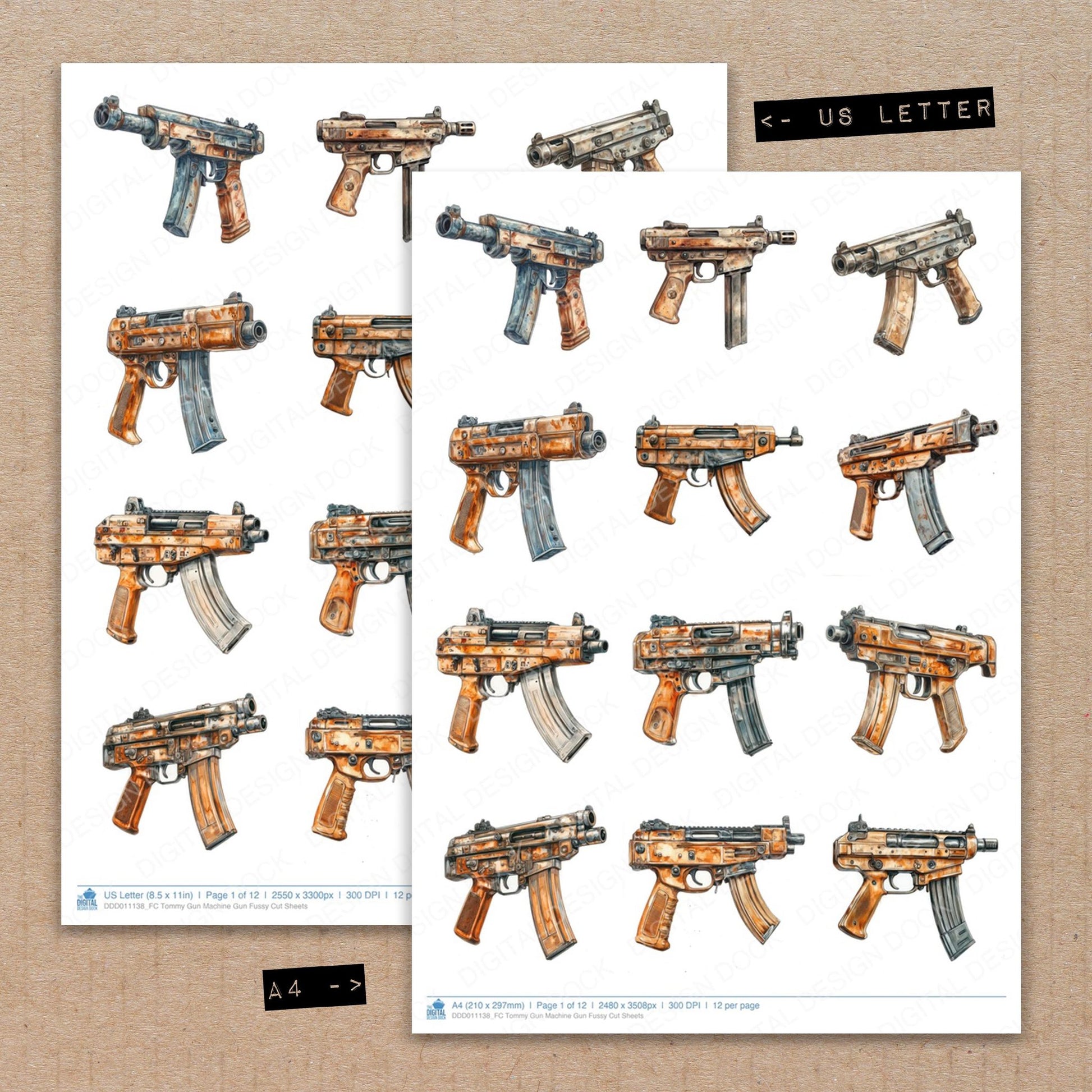 A4 and US Letter format comparison showing Tommy Gun Machine Gun fussy cut pages for print and cut crafting