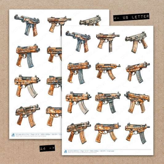 A4 and US Letter format comparison showing Tommy Gun Machine Gun fussy cut pages for print and cut crafting