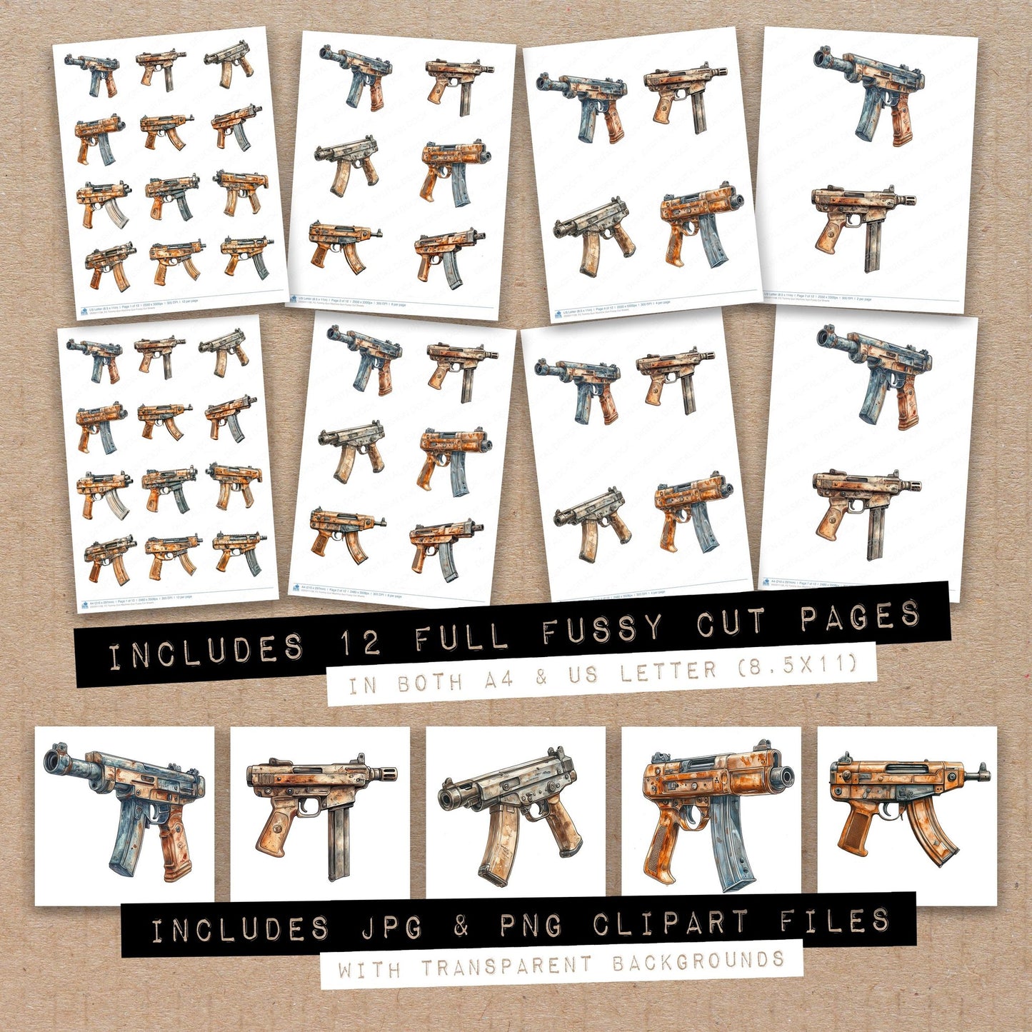 Full collection view of Tommy Gun Machine Gun fussy cut sheets with bonus clipart JPG and PNG files