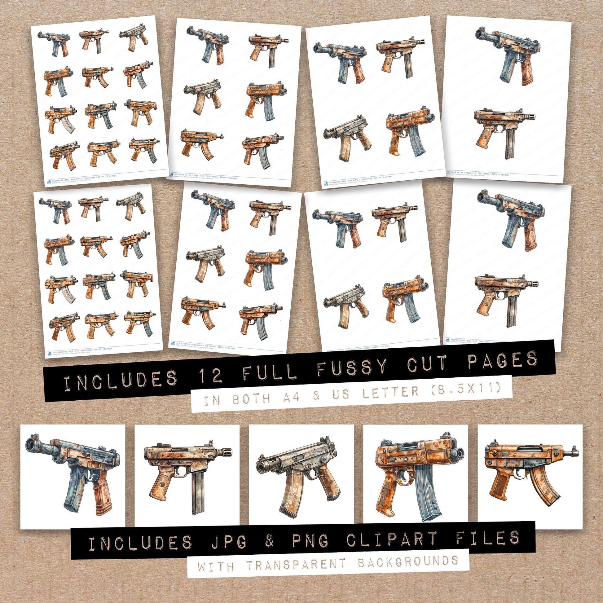 Full collection view of Tommy Gun Machine Gun fussy cut sheets with bonus clipart JPG and PNG files