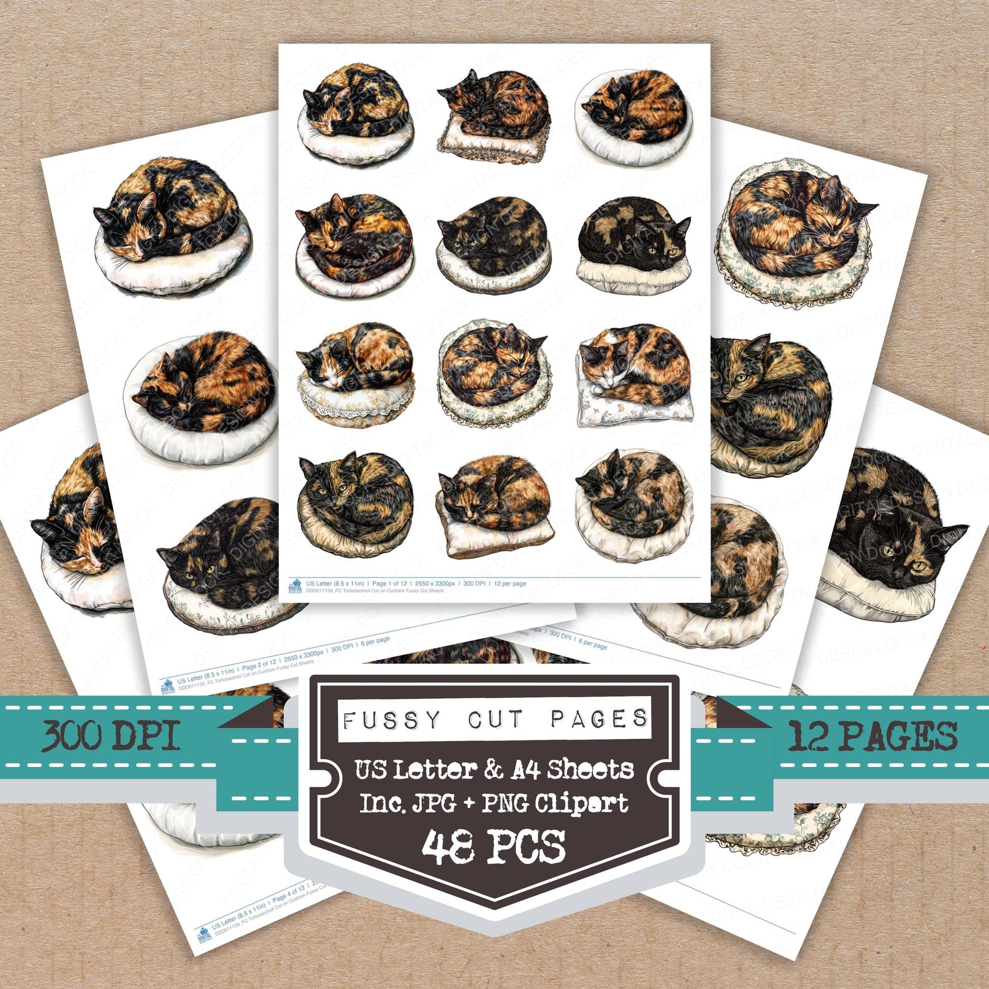 Tortoiseshell Cat on Cushion fussy cut printable sheets for junk journaling, scrapbooking, and paper craft projects