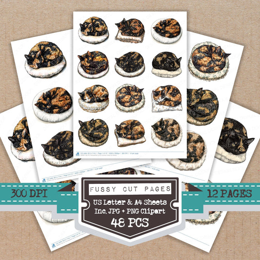 Tortoiseshell Cat on Cushion fussy cut printable sheets for junk journaling, scrapbooking, and paper craft projects