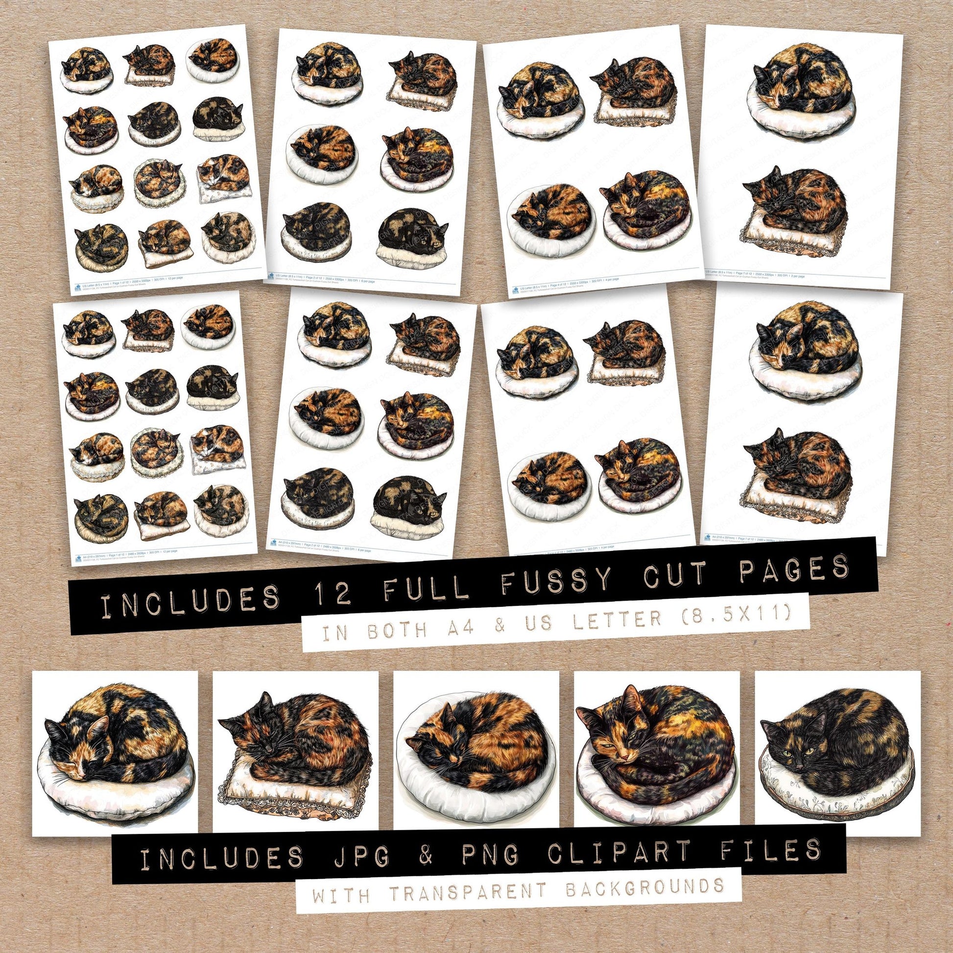 Full collection view of Tortoiseshell Cat on Cushion fussy cut sheets with bonus clipart JPG and PNG files