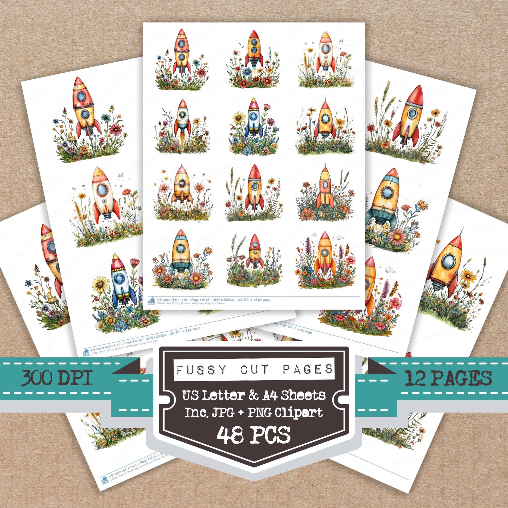 Toy Rocket in Wildflowers fussy cut printable sheets for junk journaling, scrapbooking, and paper craft projects