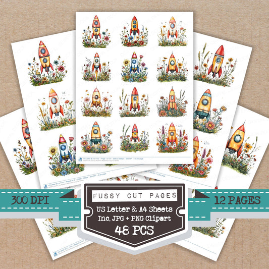 Toy Rocket in Wildflowers fussy cut printable sheets for junk journaling, scrapbooking, and paper craft projects
