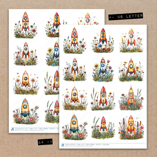 A4 and US Letter format comparison showing Toy Rocket in Wildflowers fussy cut pages for print and cut crafting