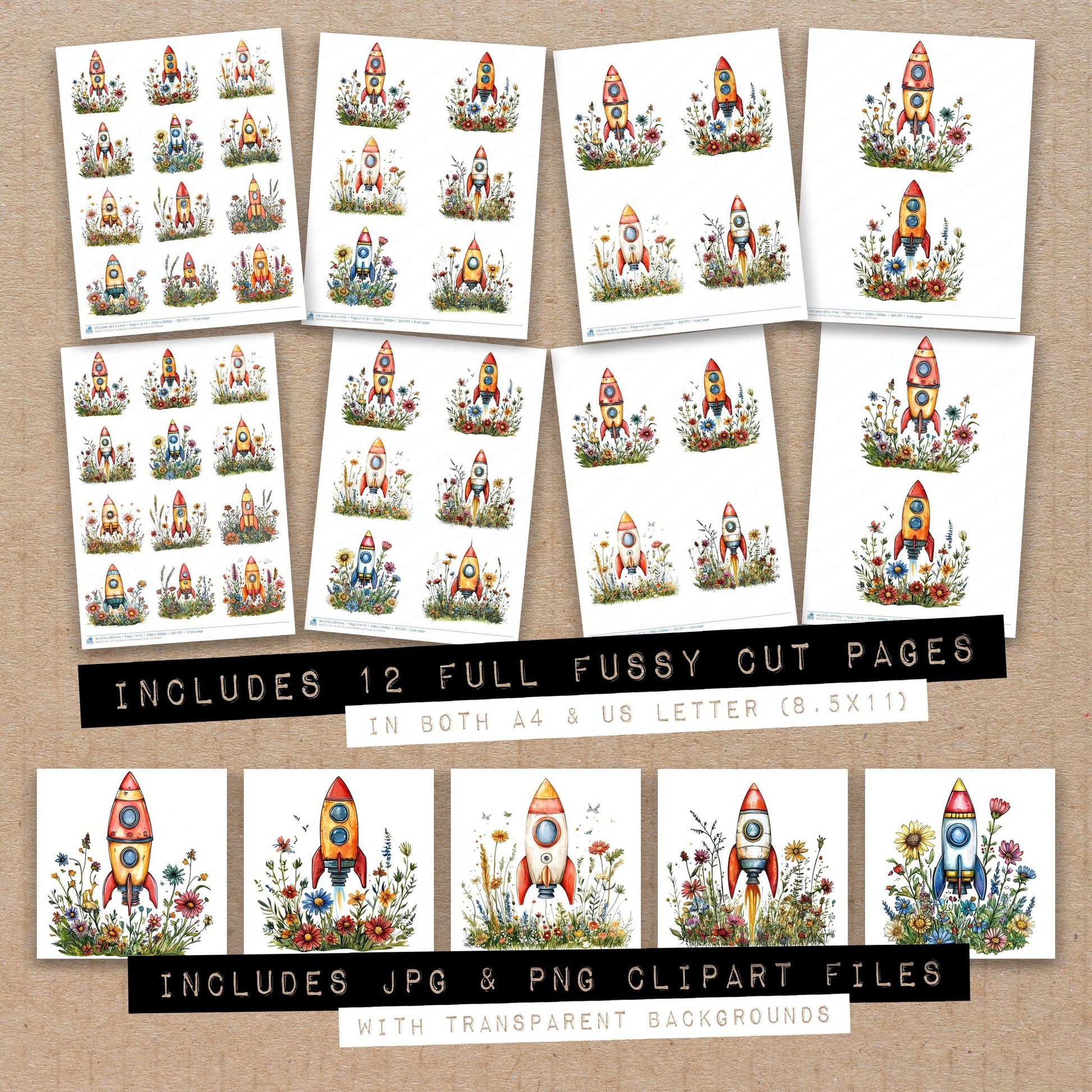 Full collection view of Toy Rocket in Wildflowers fussy cut sheets with bonus clipart JPG and PNG files