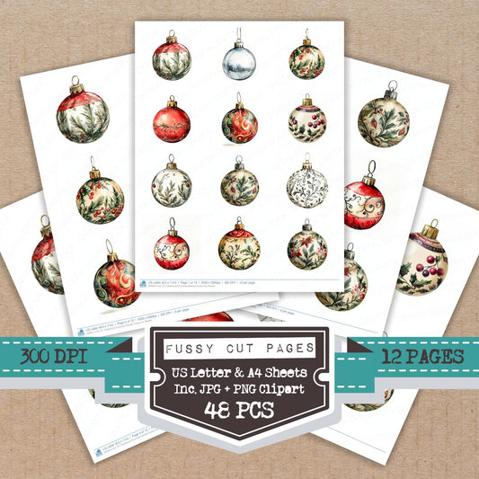 Traditional Christmas Bauble fussy cut printable sheets for junk journaling, scrapbooking, and paper craft projects
