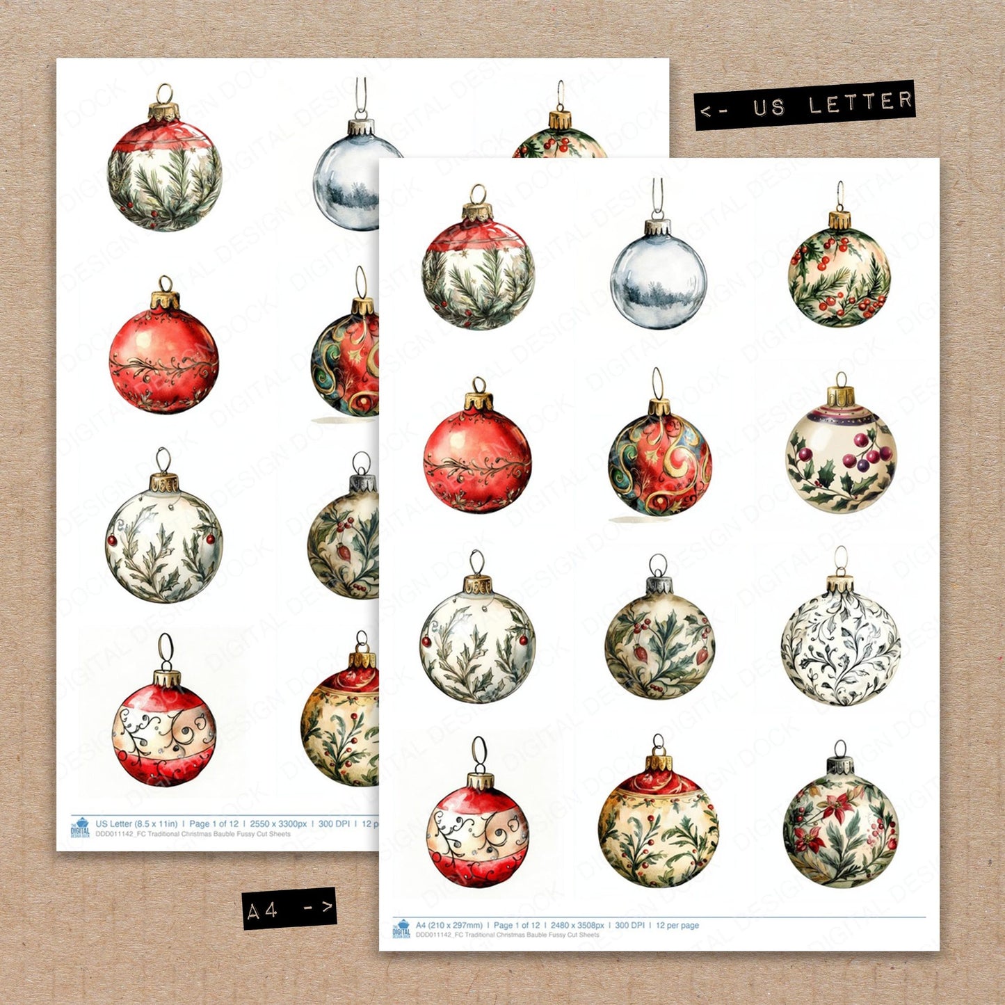 A4 and US Letter format comparison showing Traditional Christmas Bauble fussy cut pages for print and cut crafting