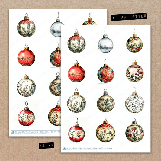 A4 and US Letter format comparison showing Traditional Christmas Bauble fussy cut pages for print and cut crafting