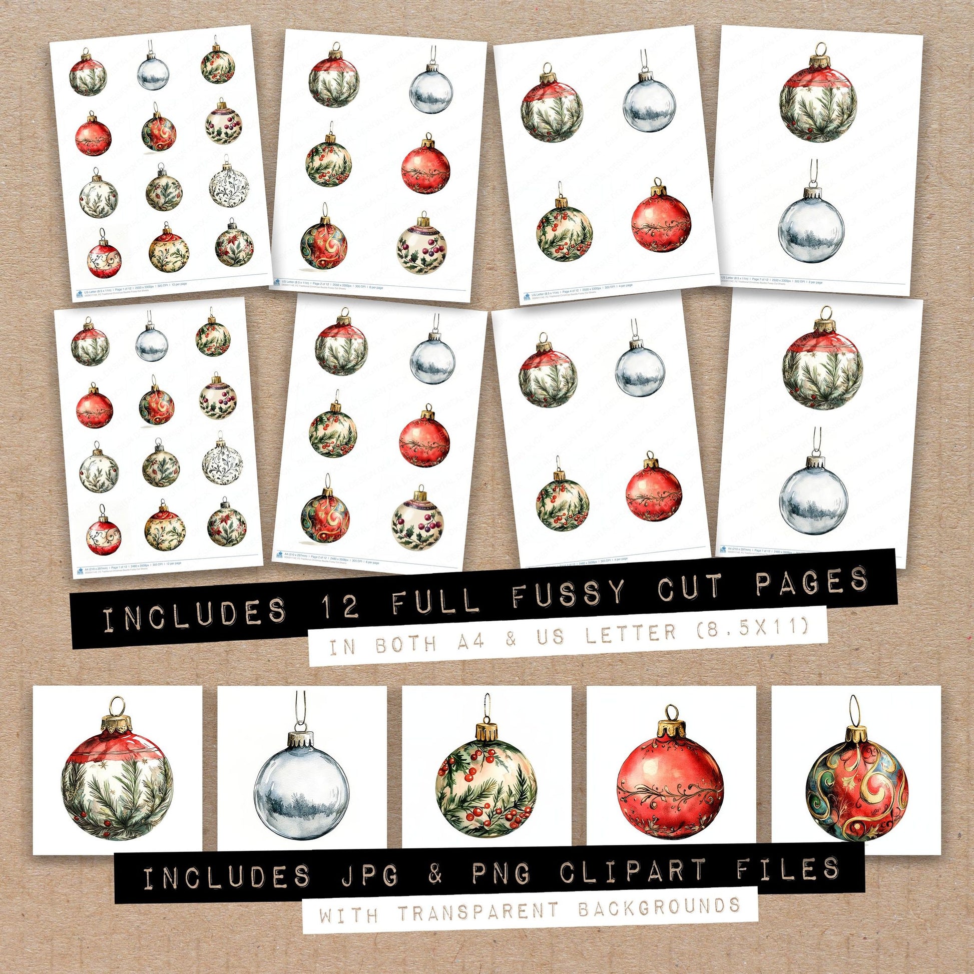 Full collection view of Traditional Christmas Bauble fussy cut sheets with bonus clipart JPG and PNG files