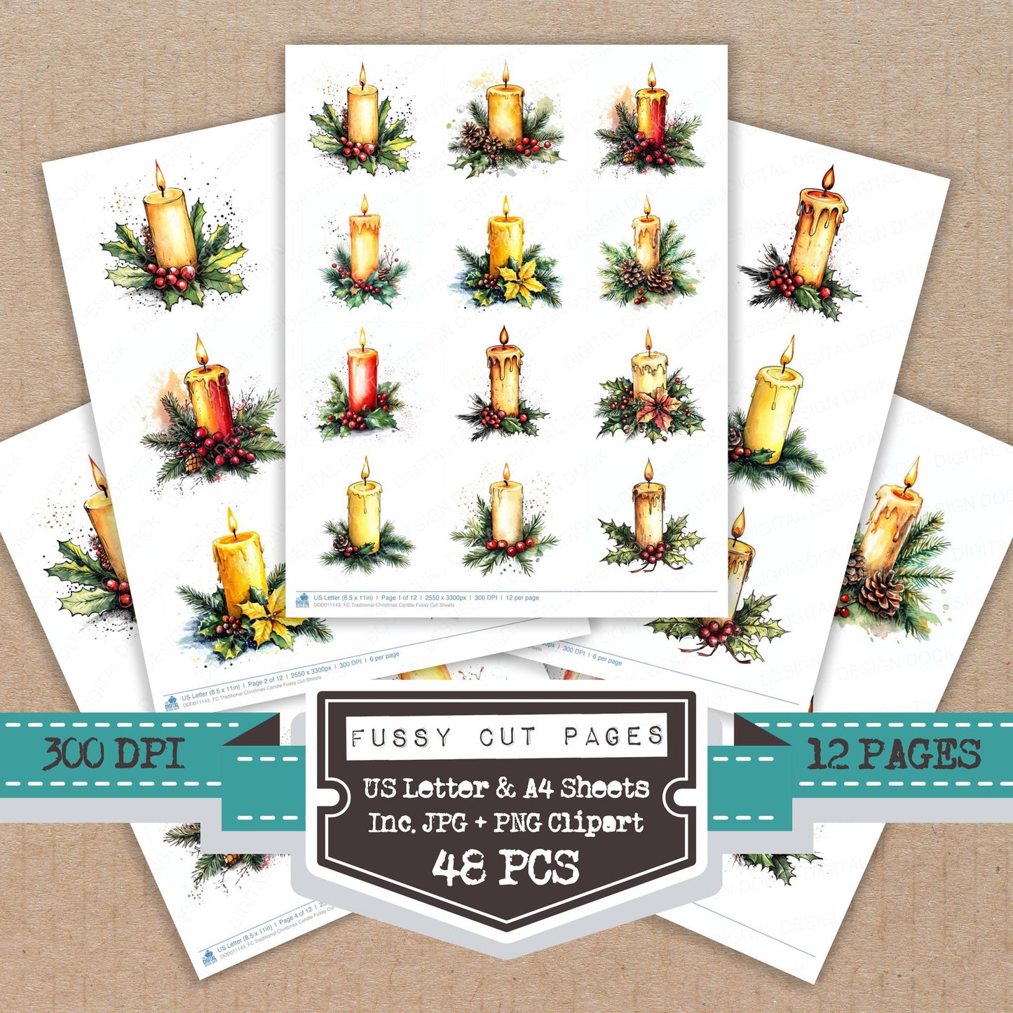 Traditional Christmas Candle fussy cut printable sheets for junk journaling, scrapbooking, and paper craft projects