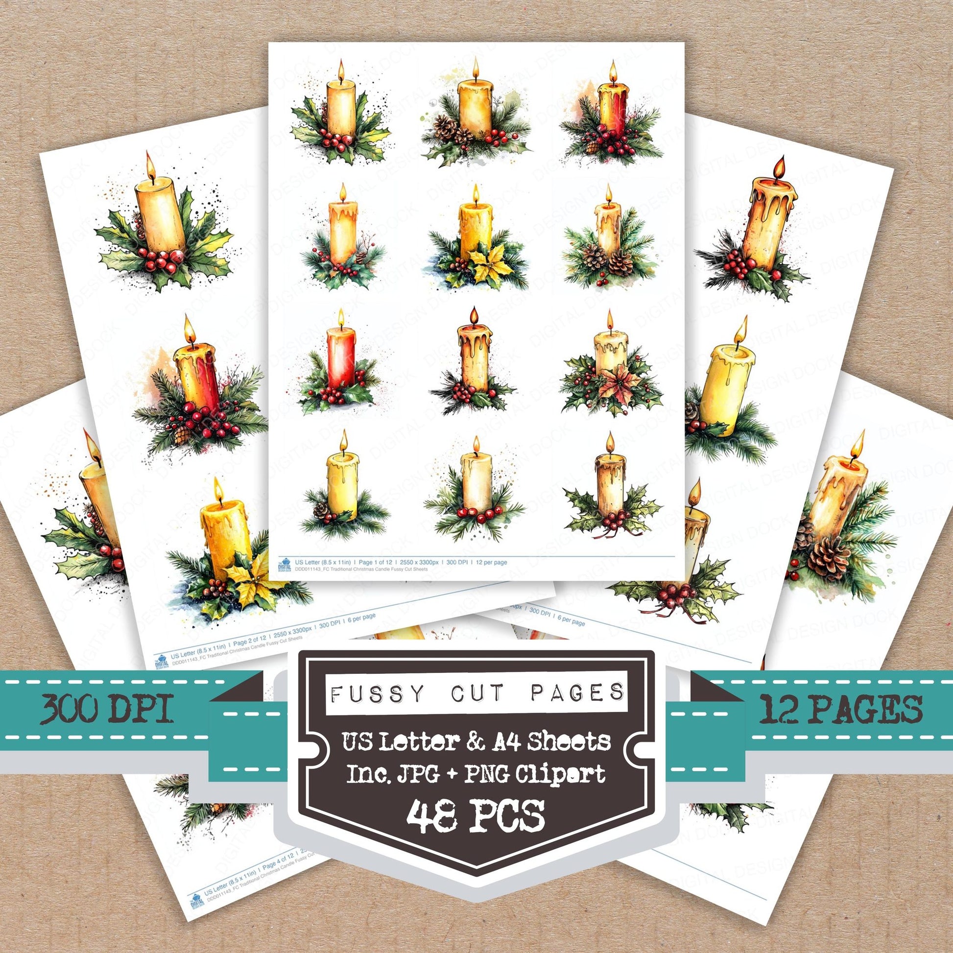 Traditional Christmas Candle fussy cut printable sheets for junk journaling, scrapbooking, and paper craft projects