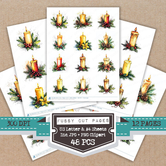 Traditional Christmas Candle fussy cut printable sheets for junk journaling, scrapbooking, and paper craft projects