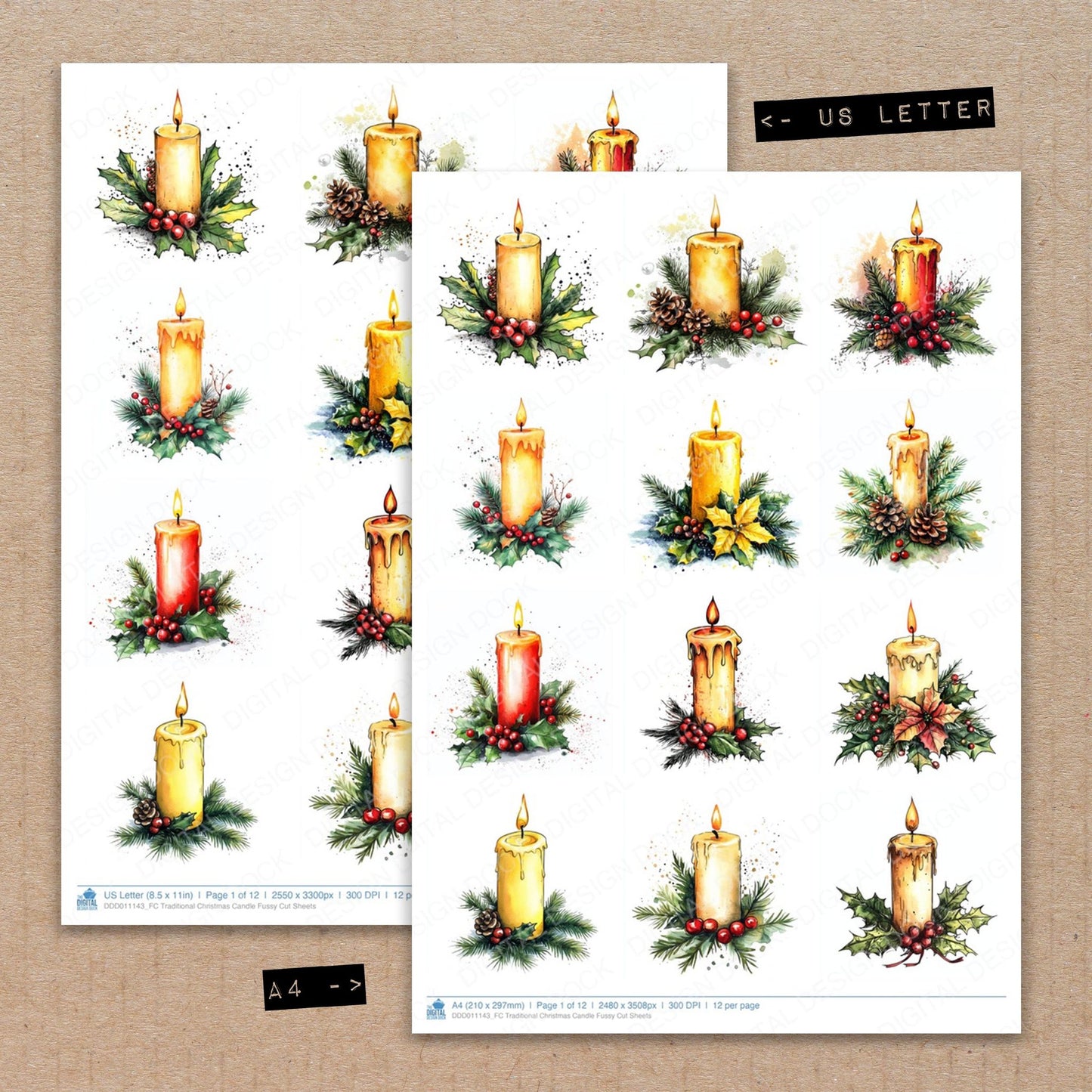 A4 and US Letter format comparison showing Traditional Christmas Candle fussy cut pages for print and cut crafting