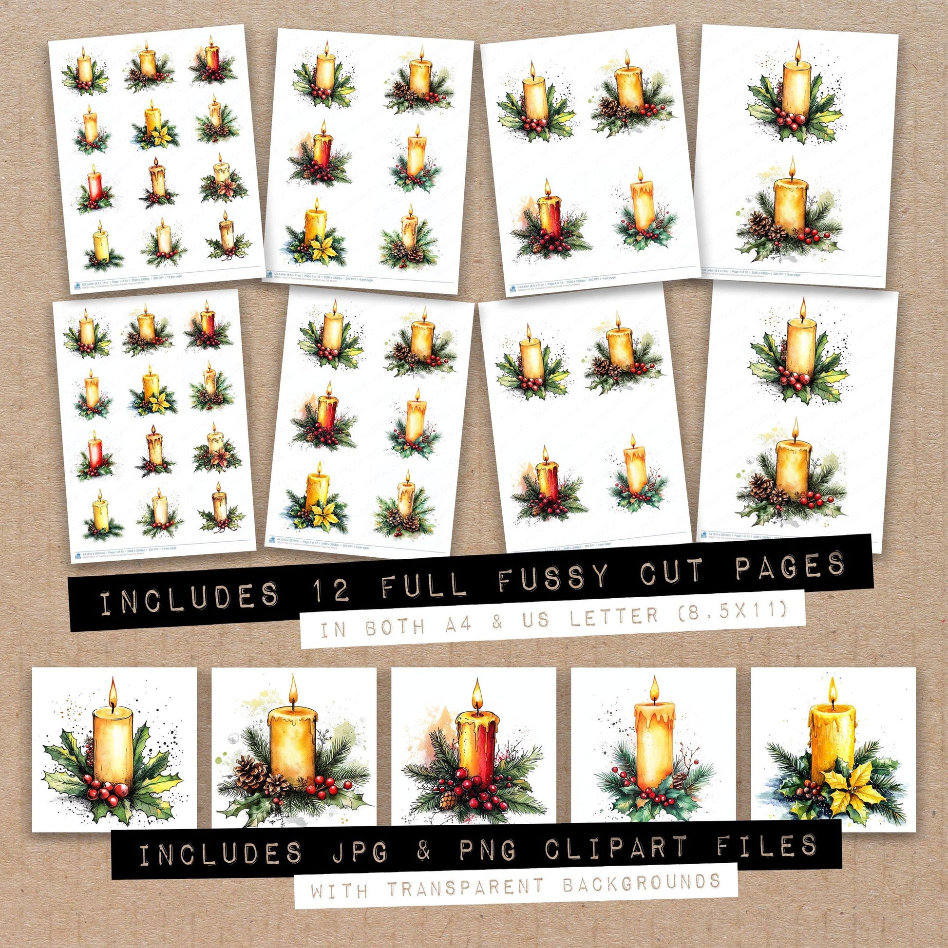 Full collection view of Traditional Christmas Candle fussy cut sheets with bonus clipart JPG and PNG files
