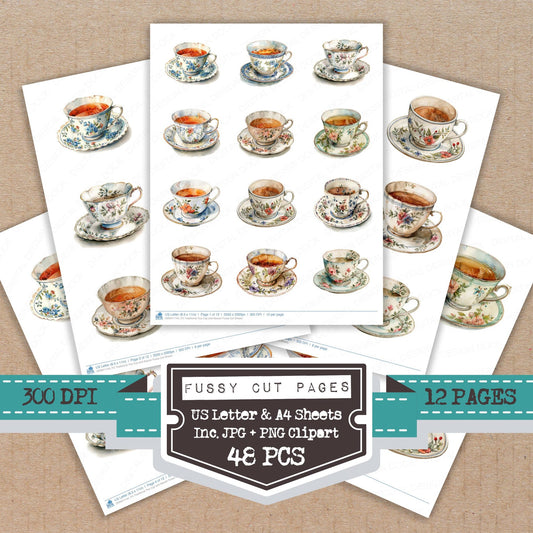 Traditional Tea Cup and Saucer fussy cut printable sheets for junk journaling, scrapbooking, and paper craft projects